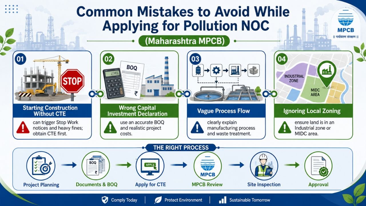 Common mistakes while applying for Maharashtra MPCB Pollution NOC, including starting construction without CTE, incorrect capital investment, vague process flow, and ignoring industrial zoning