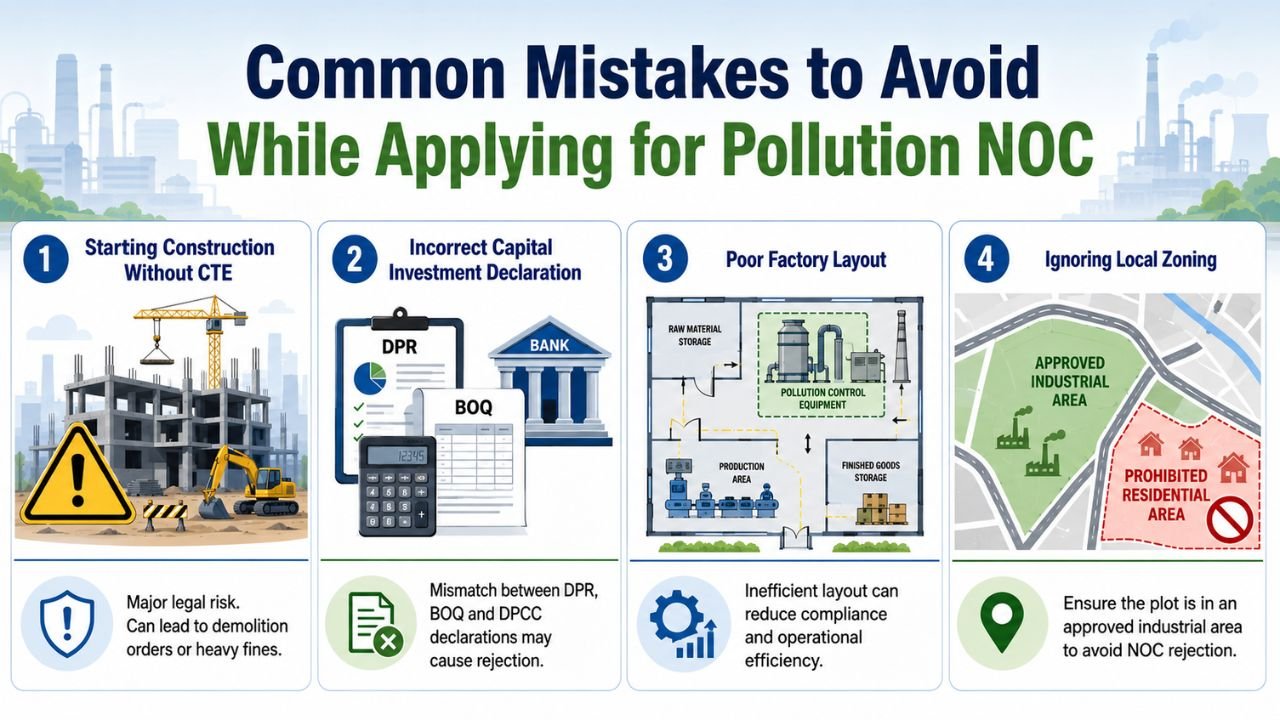Common mistakes while applying for Pollution NOC, including starting construction without CTE, incorrect capital investment declaration, poor factory layout, and ignoring local zoning