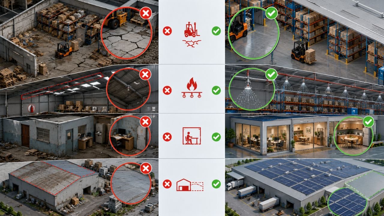 Common warehouse layout design mistakes involving damaged floors, poor fire protection, inadequate office space, and inefficient warehouse roofing