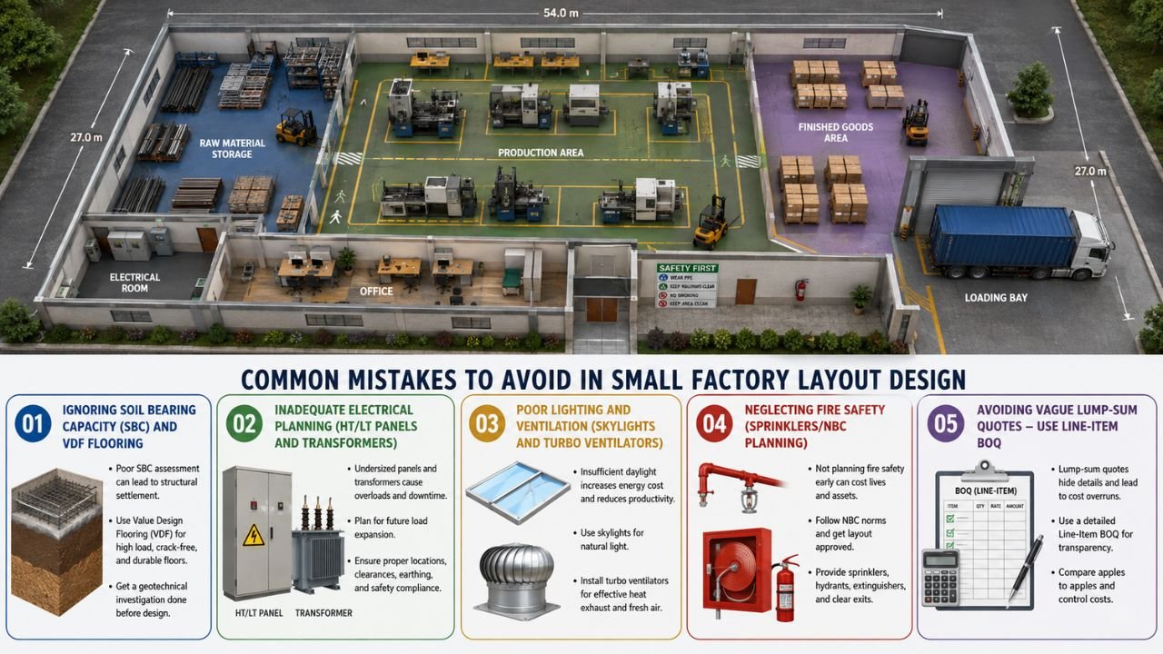 Common mistakes to avoid in small factory layout design including flooring, electrical, ventilation, fire safety and BOQ