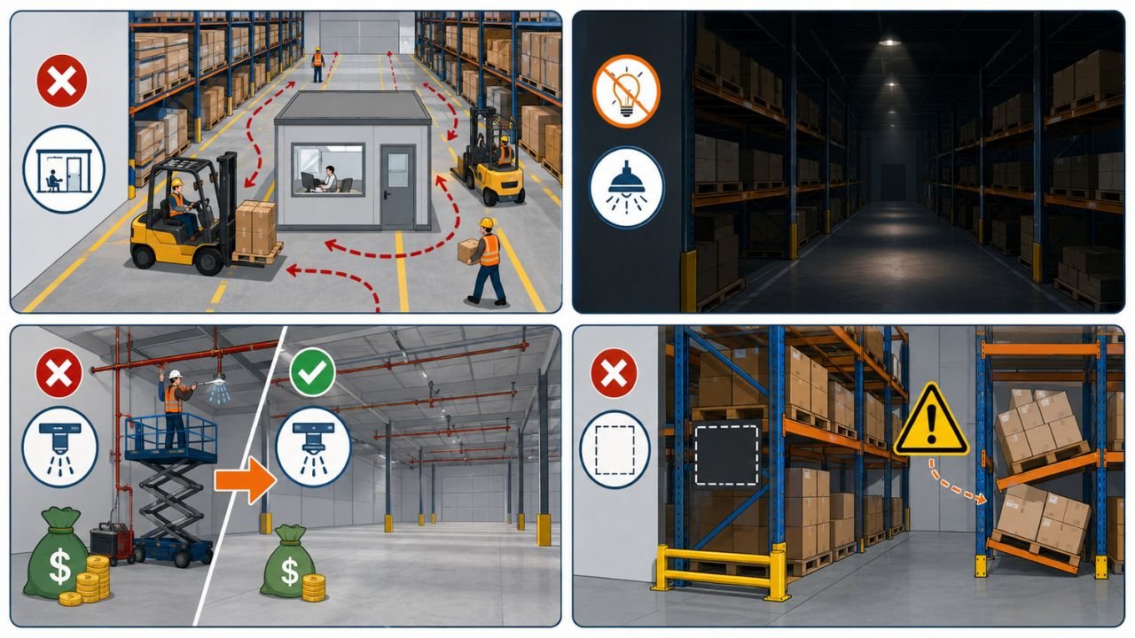 Common warehouse interior design mistakes involving poor lighting, unsafe layouts, inadequate fire sprinklers, and improper storage