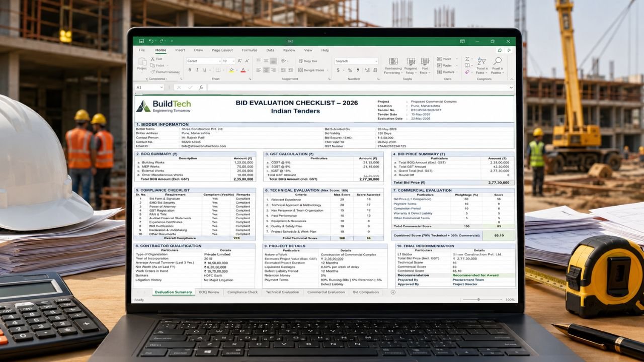 Construction bid evaluation criteria shown in a tender evaluation spreadsheet