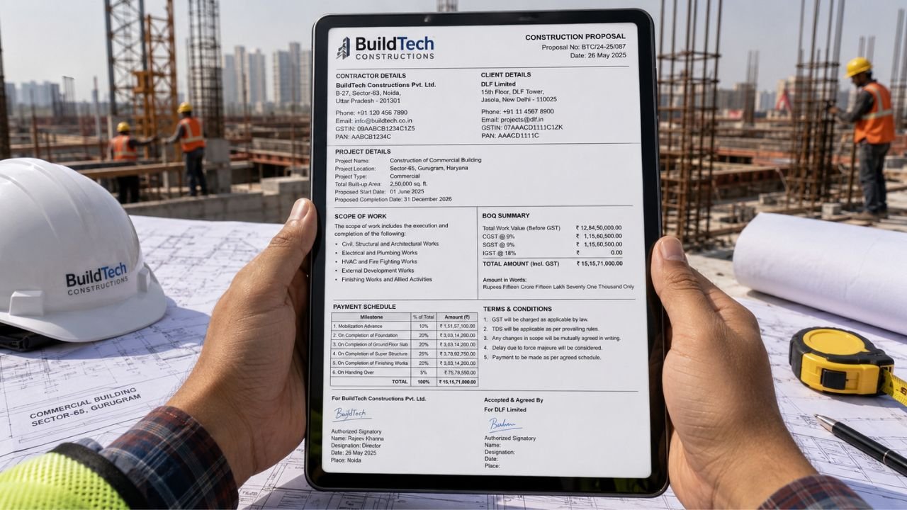 Professional construction bid cover letter example displayed in an Excel template