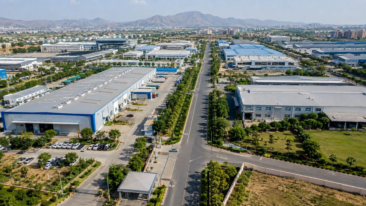 Modern industrial park with factories, warehouses, landscaped roads, and manufacturing facilities