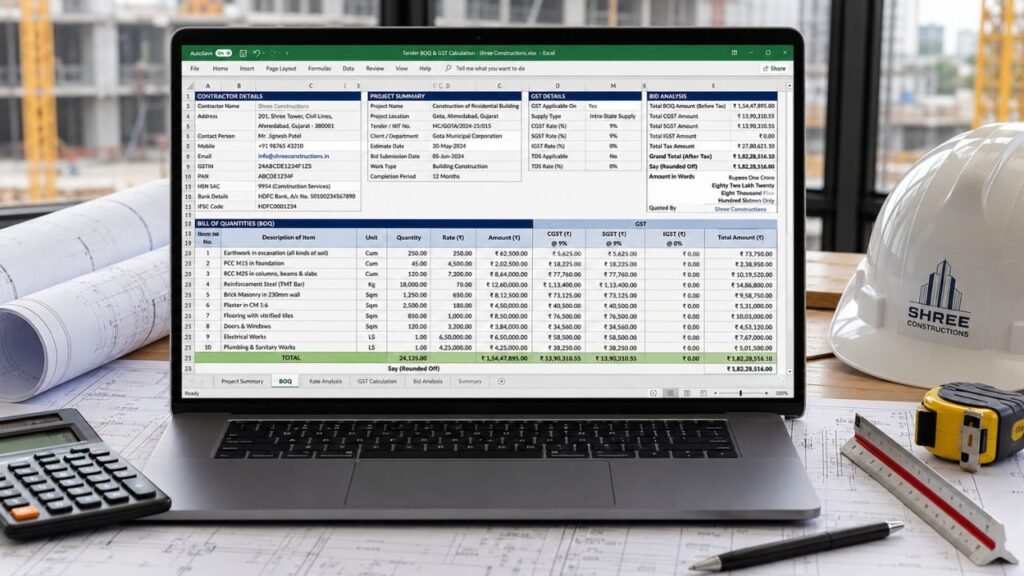 Construction tender format in Excel showing BOQ, GST calculation, bid analysis, and project cost details in India