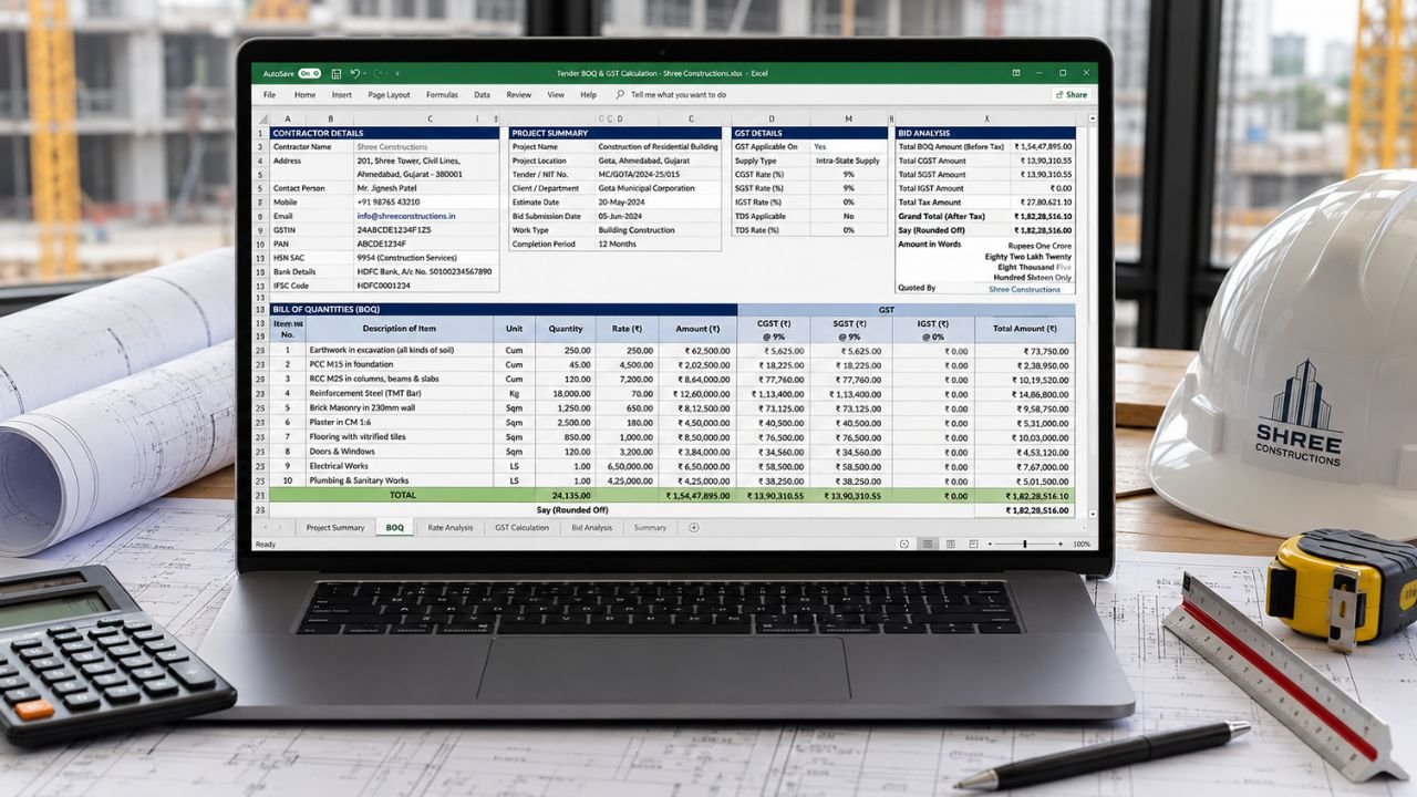 Construction tender format in Excel showing BOQ, GST calculation, bid analysis, and project cost details in India
