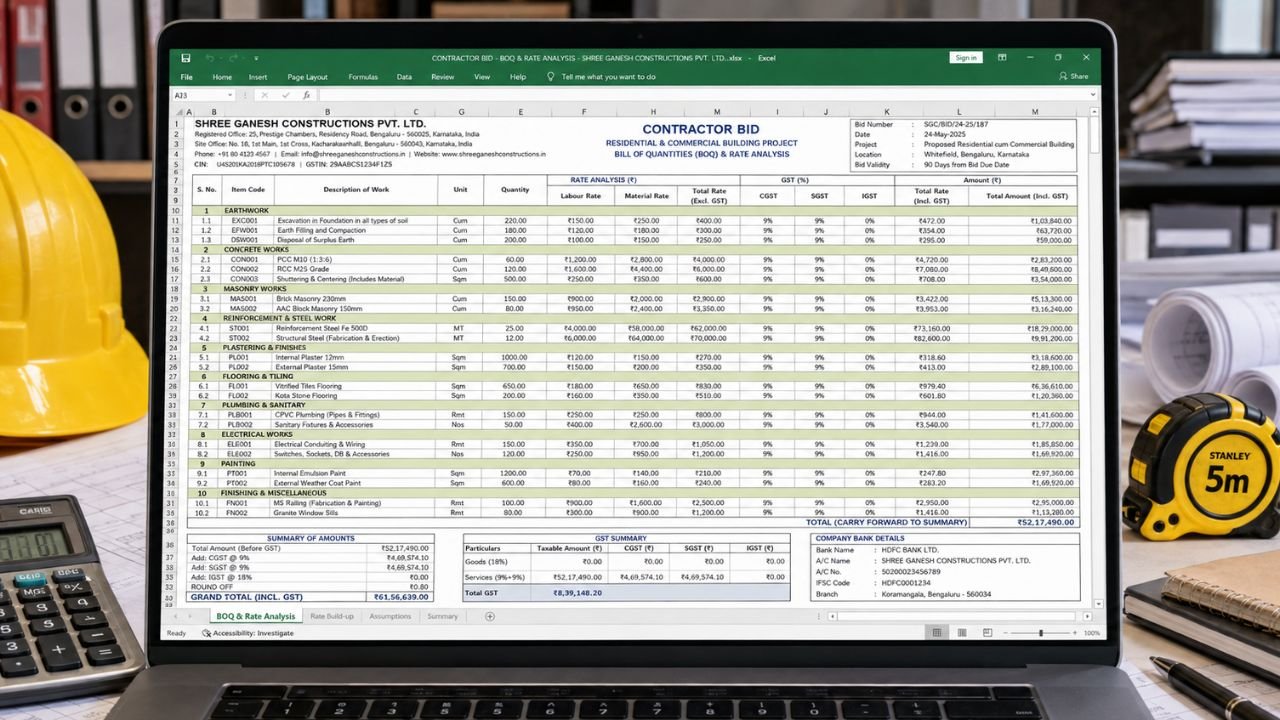 Contractor bid format India showing BOQ, rate analysis, labor and material costs, GST, quantities, and total bid amount in Excel.