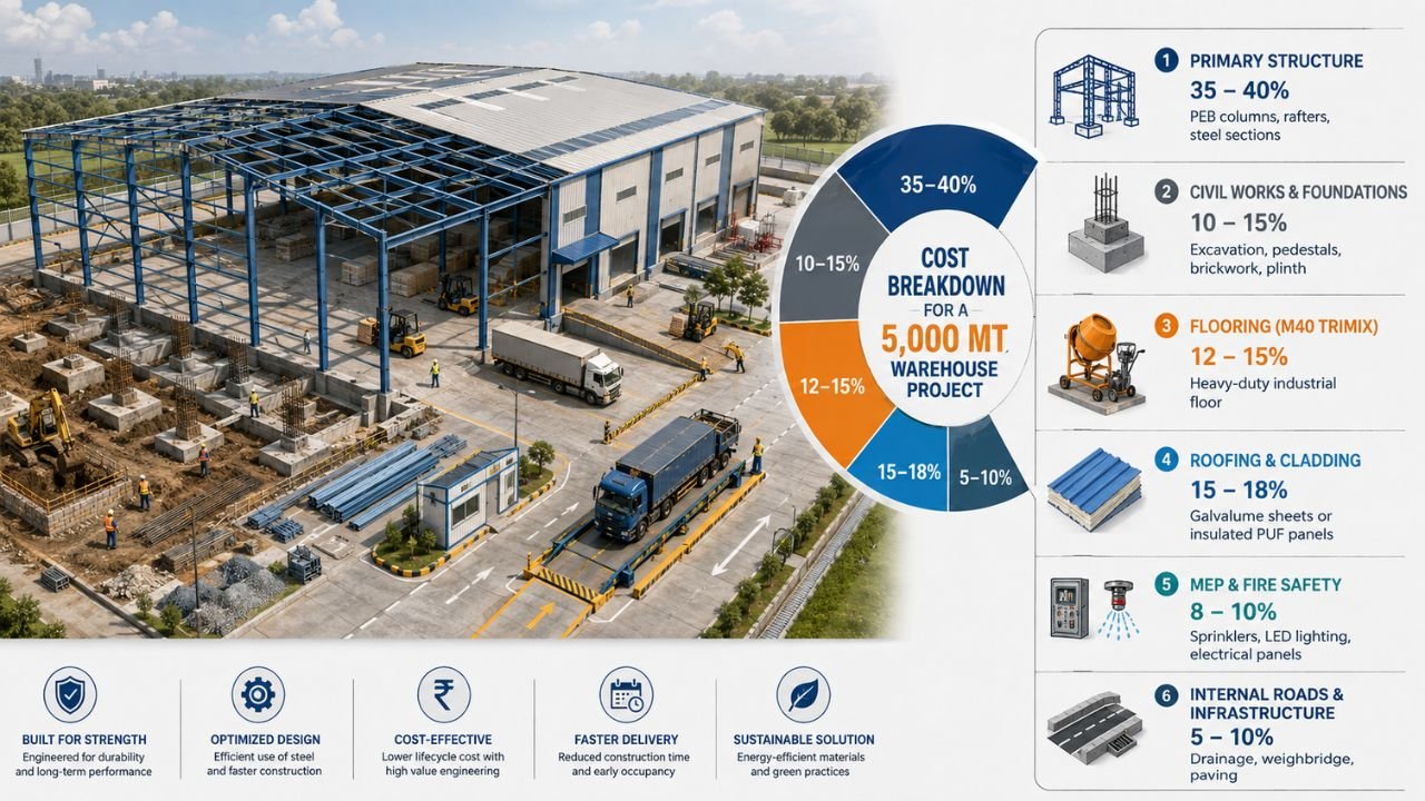 Cost breakdown of a 5000 MT warehouse project showing PEB structure, civil works, flooring, roofing, MEP, and infrastructure