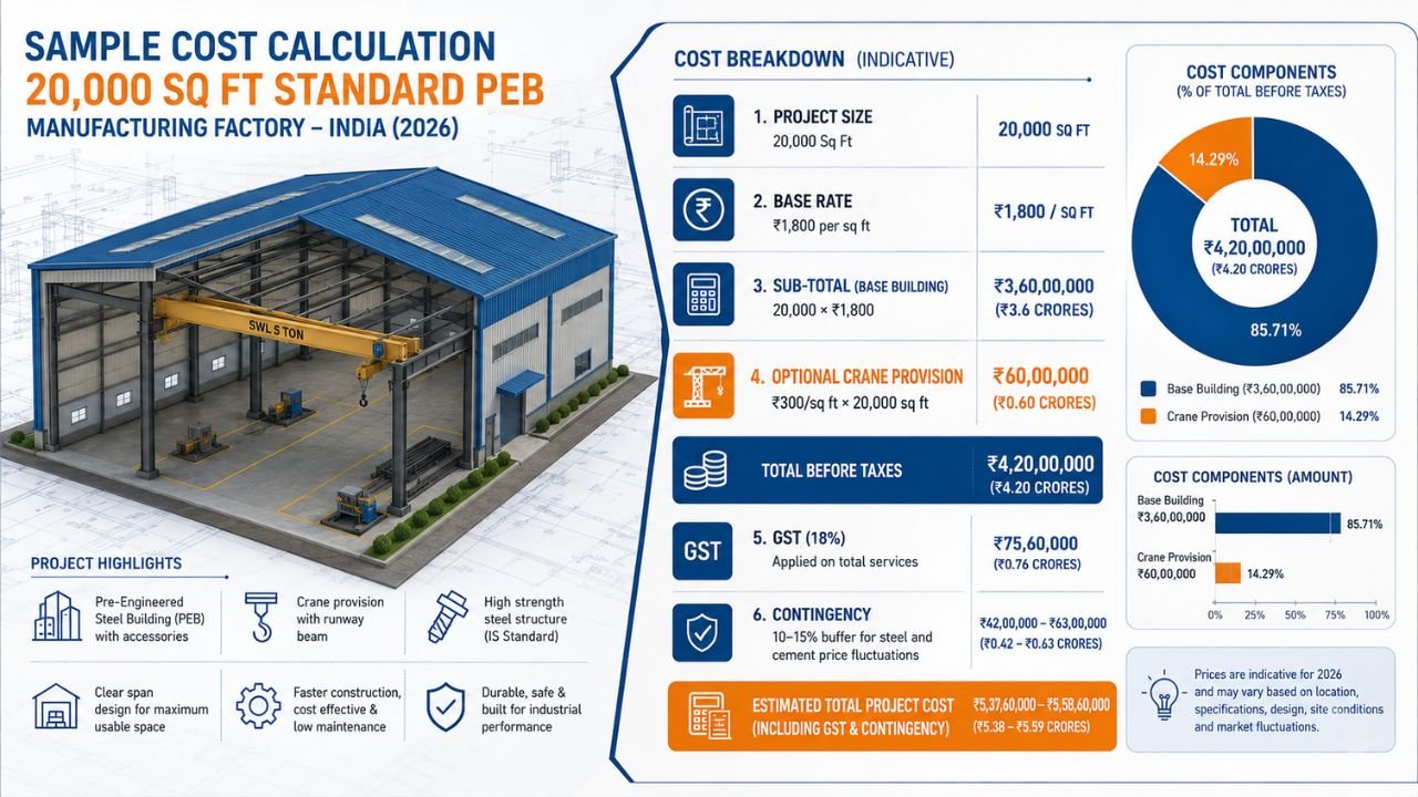 20,000 sq ft PEB manufacturing factory construction cost calculation in India showing base building, crane provision, GST, and contingency