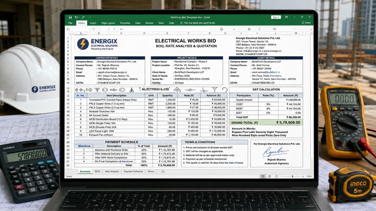 Electrical works bid quotation template with BOQ and rate analysis in Excel