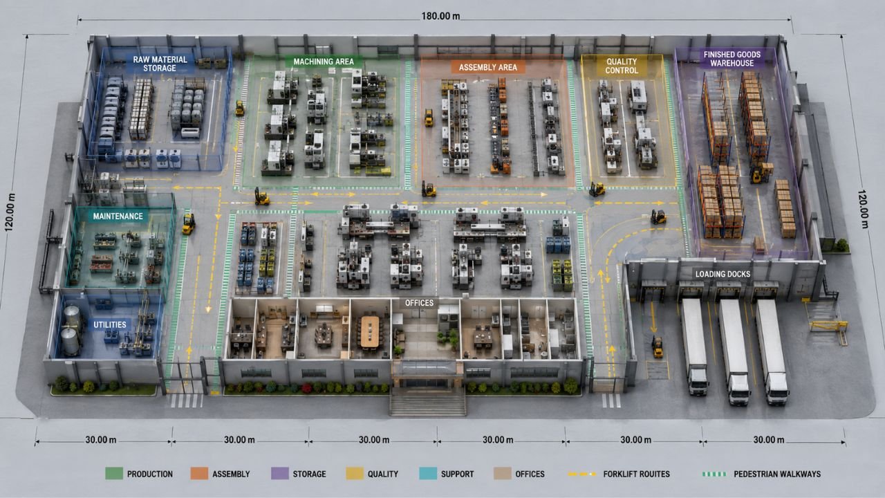 Factory floor plan layout showing production, storage, assembly, offices and loading docks