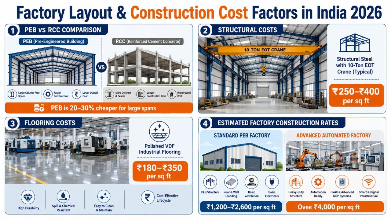 Factory layout and construction cost factors in India 2026 showing PEB, RCC, structural steel, flooring, and factory construction rates