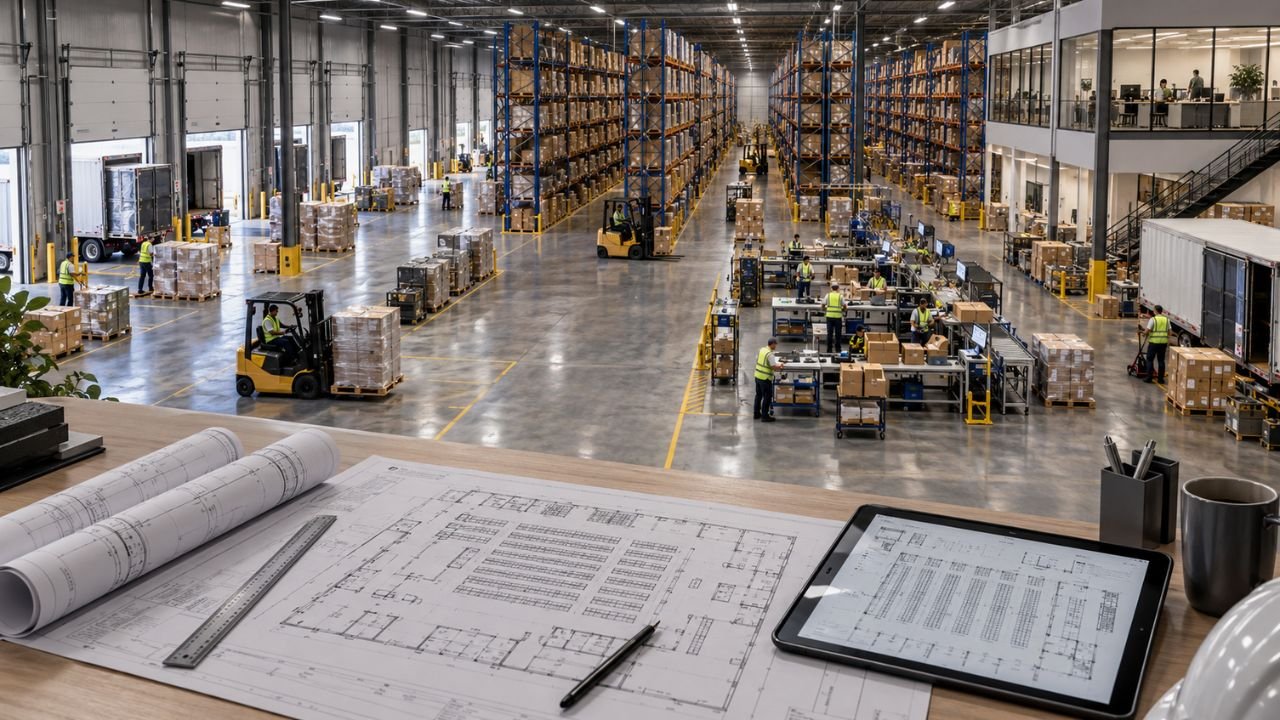 Efficient warehouse layout with storage racks, loading docks, forklifts, workstations, and a detailed floor plan