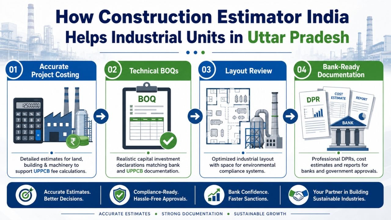 Construction estimator helping industrial units in Uttar Pradesh with accurate project costing, technical BOQs, layout review, and bank-ready documentation