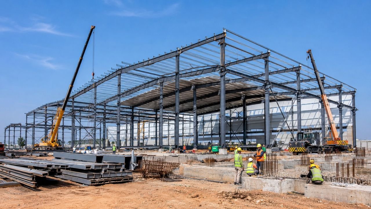 Factory under construction in India with steel structure, concrete foundations, cranes, and construction workers