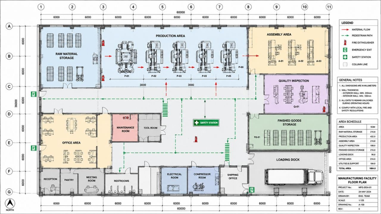 2D manufacturing facility floor plan showing production, storage, assembly, offices, loading dock, and material flow for cost estimation and construction