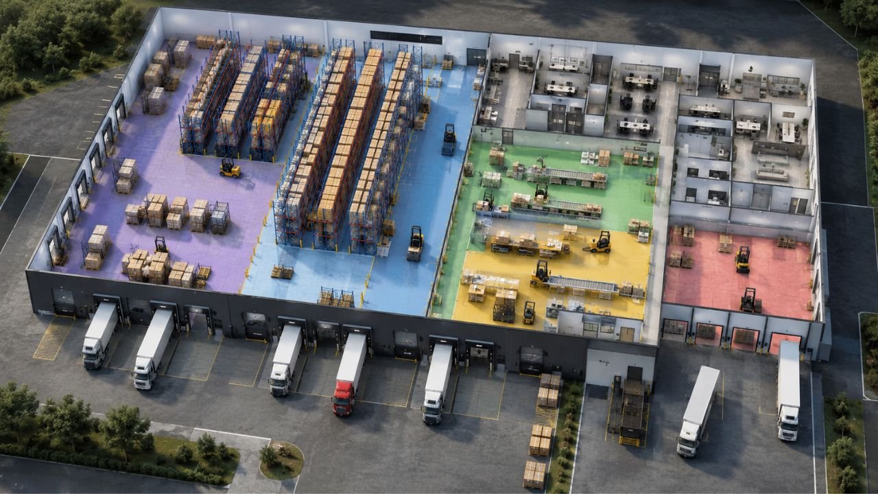 Modern warehouse interior design layout with storage racks, work areas, offices, loading docks, and forklifts