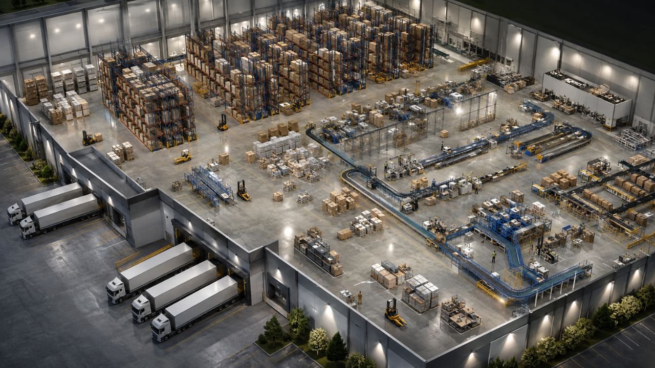 Large modern warehouse with storage racks, conveyor systems, loading docks, forklifts, and organized inventory areas
