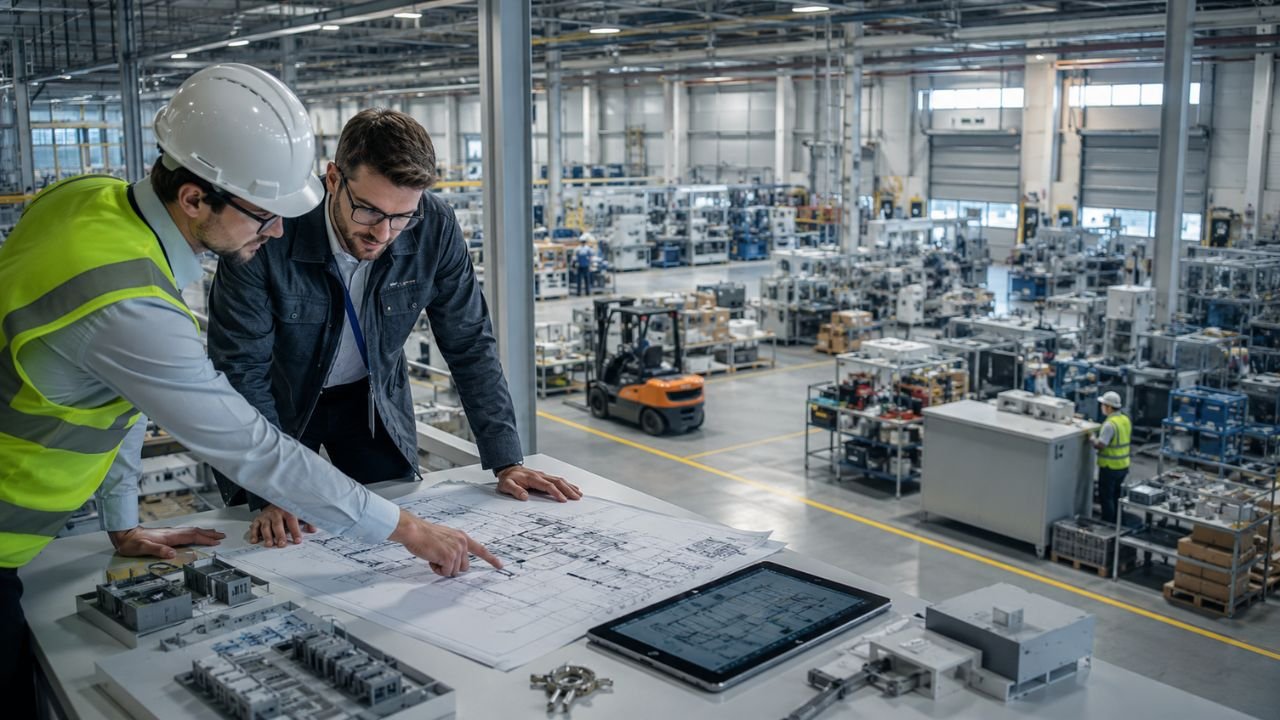 Engineers designing a factory layout using a floor plan and digital tablet