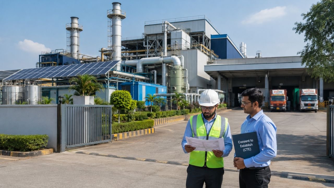 Industrial professionals reviewing Consent to Establish documents for obtaining NOC from the Maharashtra Pollution Control Board
