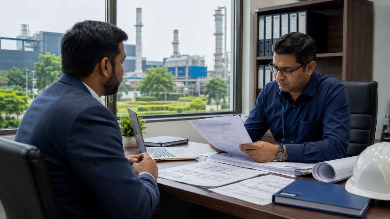 Industrial consultant reviewing documents for Pollution Control Board NOC application for a manufacturing unit in Delhi