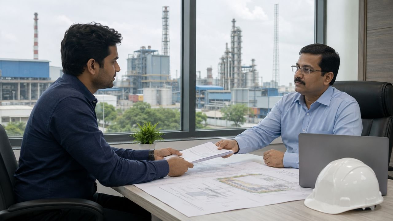 Consultant reviewing documents and factory plans for obtaining NOC from the UP Pollution Control Board for an industrial unit