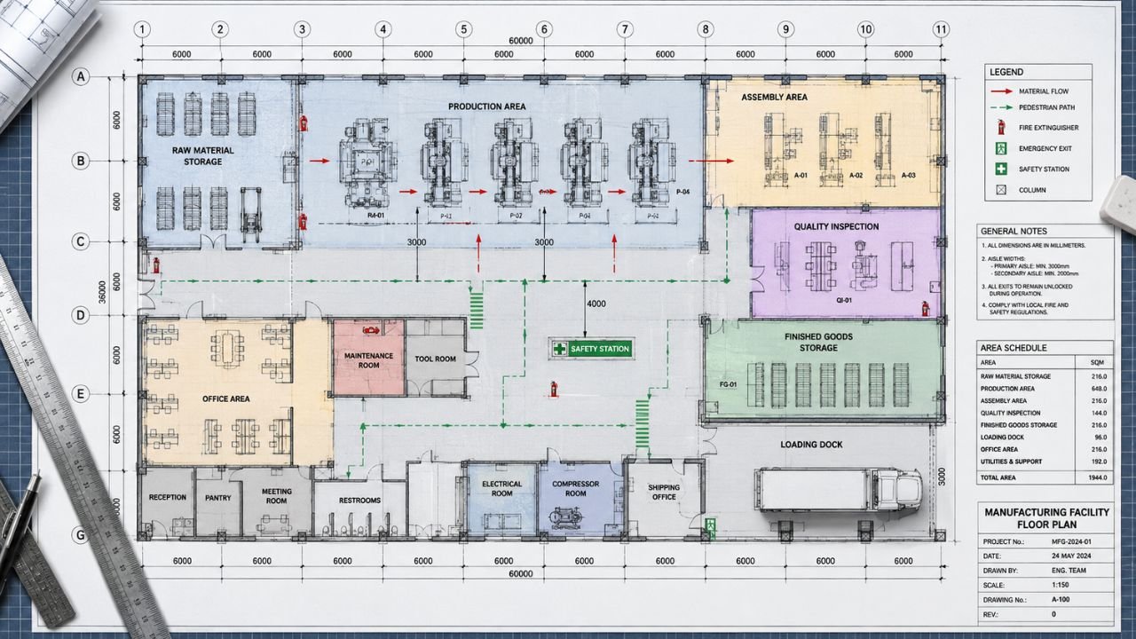2D manufacturing company floor plan showing production, assembly, raw material storage, quality inspection, finished goods storage, offices, and loading dock