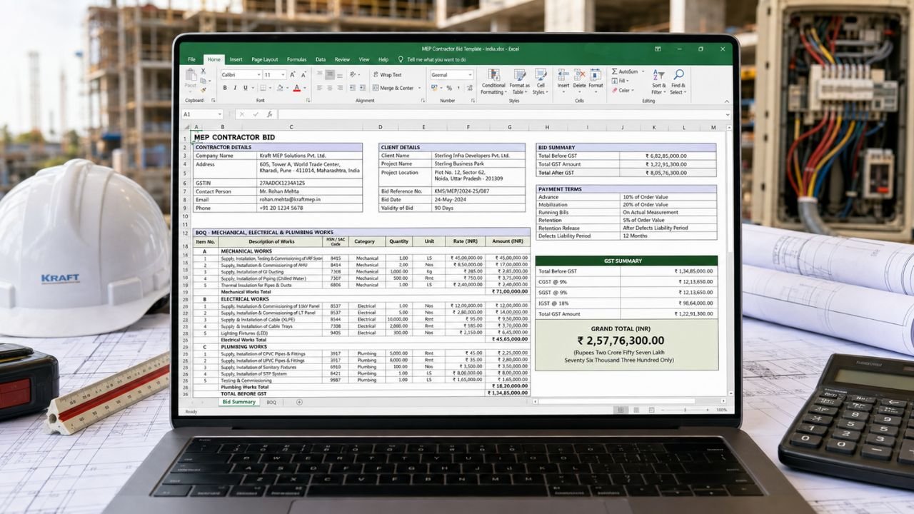 MEP contractor bid template in Excel showing mechanical, electrical, plumbing BOQ, GST, payment terms, and bid summary