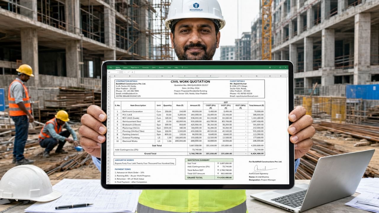 Professional civil work quotation format showing construction costs, GST, payment terms, and project pricing
