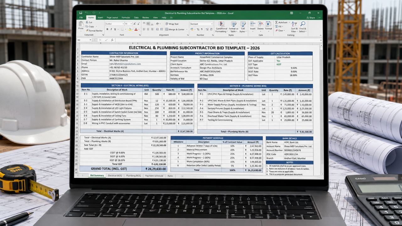 Electrical and plumbing subcontractor bid template in Excel with BOQ, pricing, GST calculation, payment schedule, and bid summary