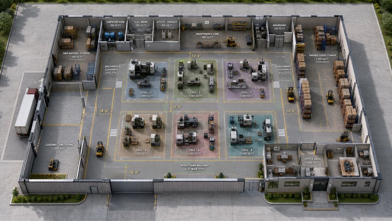 Manufacturing factory floor plan layout with dimensions, machinery cells, storage and loading area