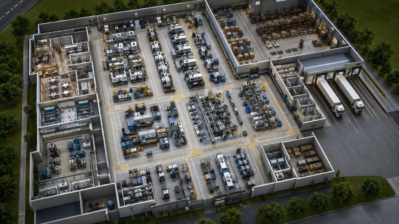 Manufacturing factory floor plan layout with machinery, production areas, storage and loading docks