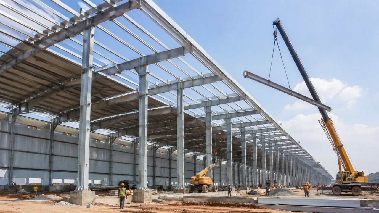 PEB factory construction with steel frame and crane installation