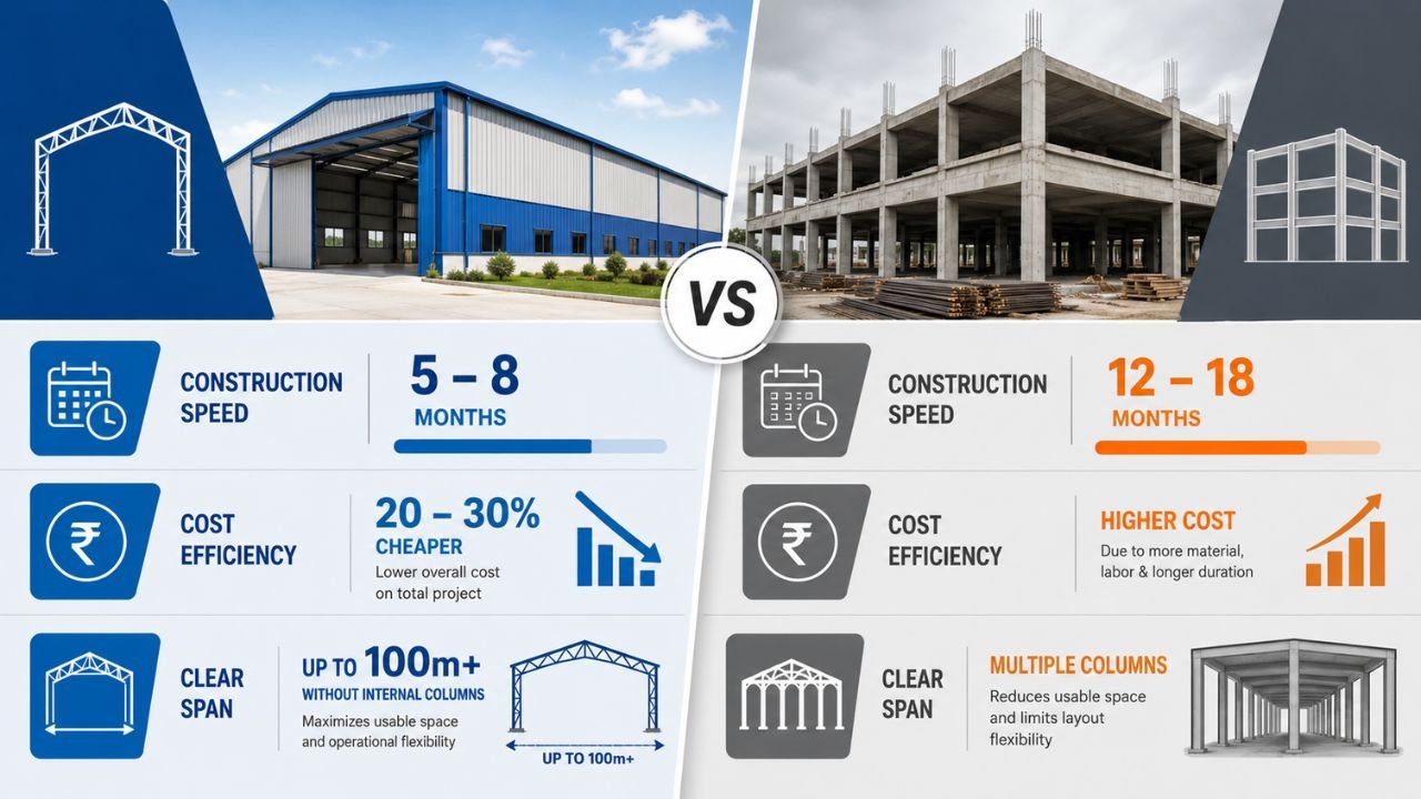 PEB vs conventional construction cost comparison for a 50,000 sq ft factory