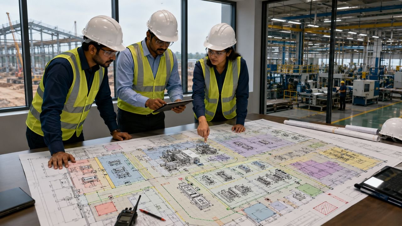 Engineers planning factory layout and infrastructure with an industrial facility floor plan