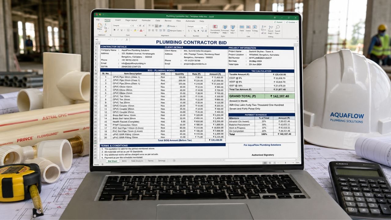 Plumbing contractor bid template in Excel showing plumbing BOQ, material rates, GST calculation, payment schedule, and total project cost