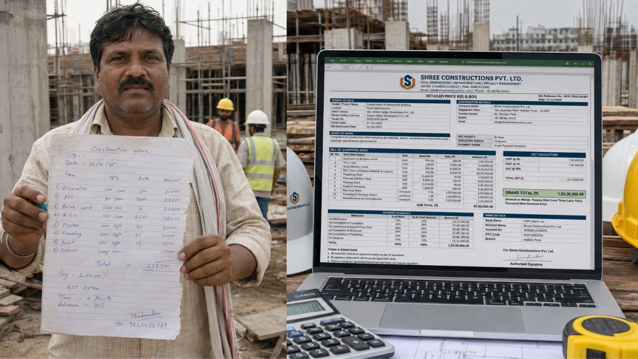 Professional bid template for tender evaluation with BOQ, GST, compliance, and price analysis