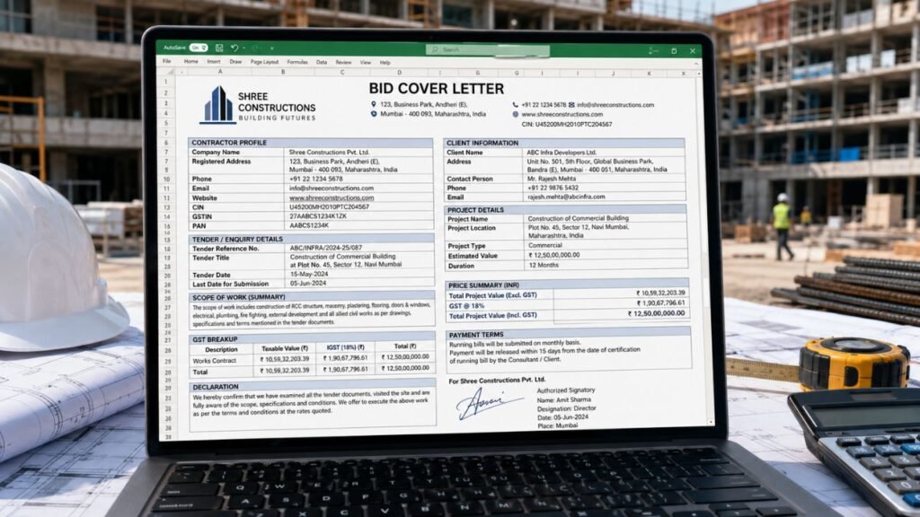 Construction bid template with cover letter for commercial building projects