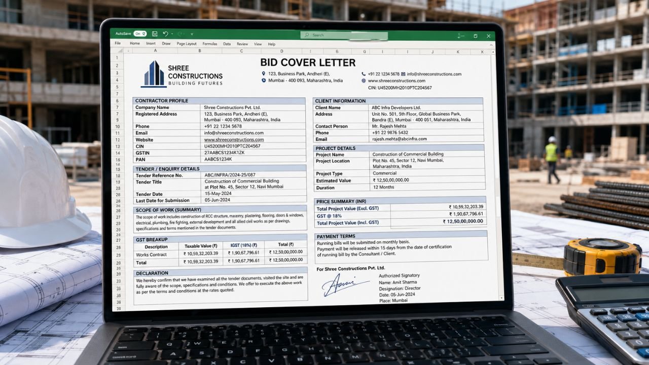 Construction bid template with cover letter for commercial building projects