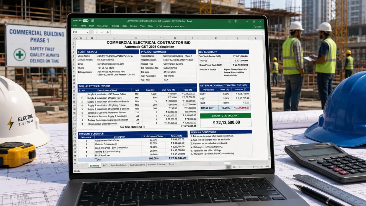 Commercial electrical contractor bid template with BOQ and GST calculation in Excel