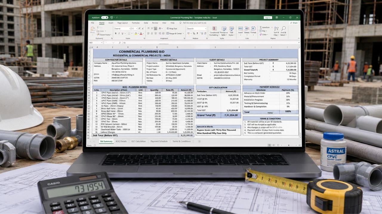Professional plumbing contractor bid template in Excel with BOQ, GST calculation, payment schedule, project summary, and terms
