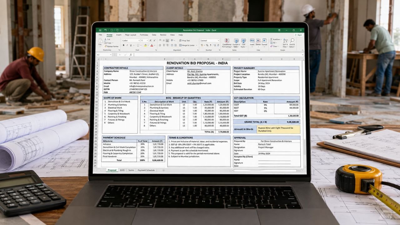 Renovation bid proposal template in Excel showing scope of work, BOQ, GST calculation, payment schedule, and project cost