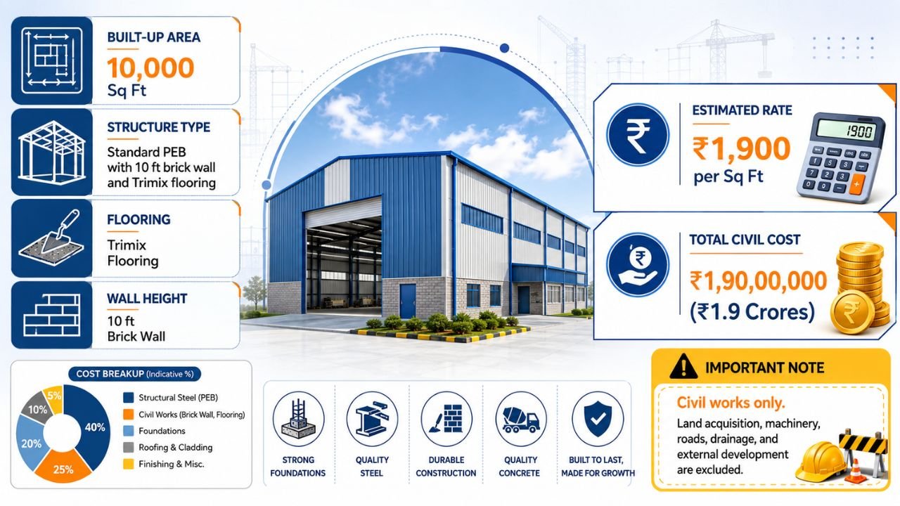 10,000 sq ft factory construction cost in India showing PEB structure, Trimix flooring, brick walls, and estimated civil cost