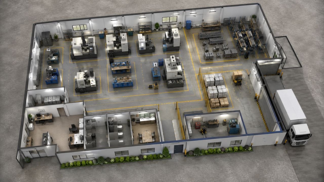 Small manufacturing factory floor plan layout with machinery, production area, storage and loading bay