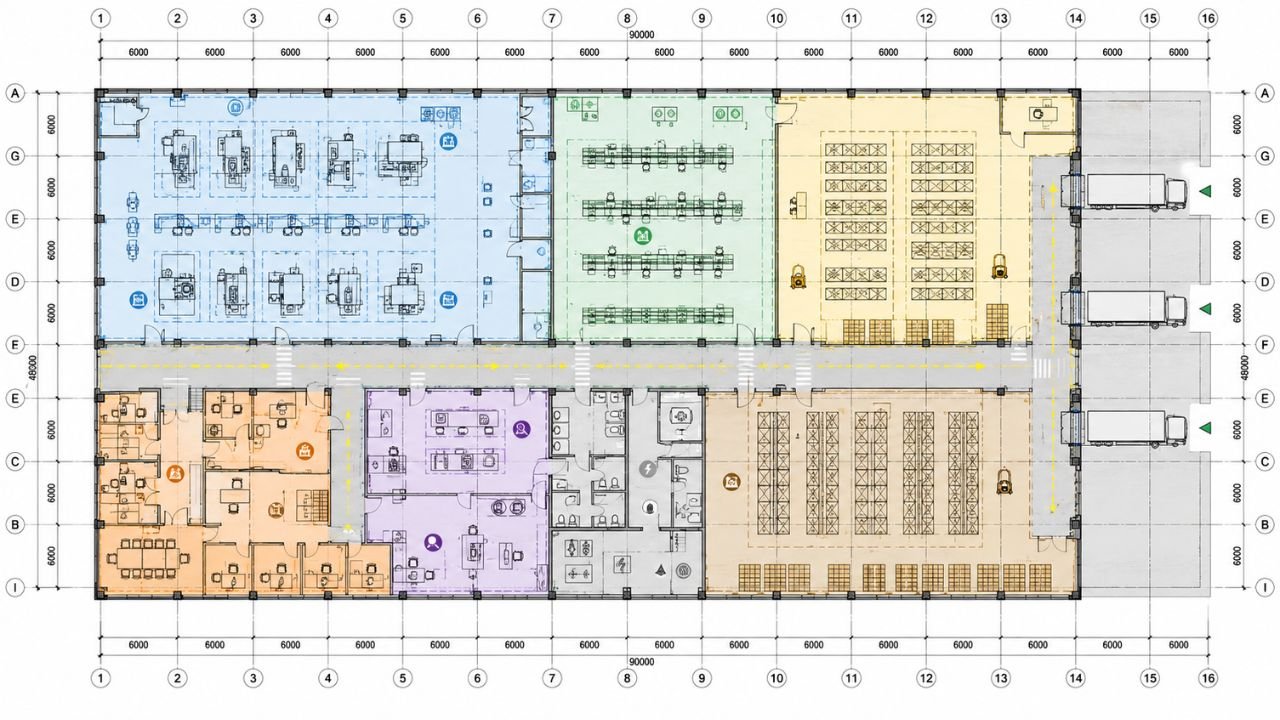 Step-by-step factory layout design process with floor plan and engineers