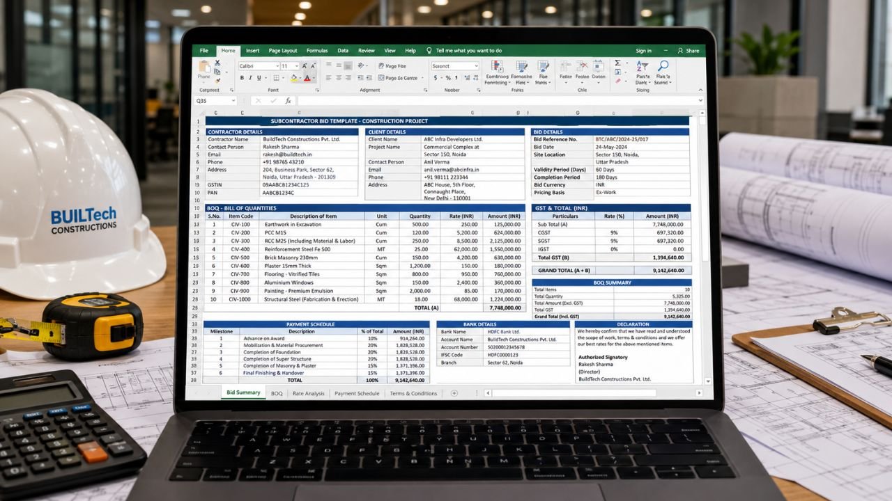 Subcontractor bid template in Excel with BOQ, pricing, GST, payment schedule, and bid summary for construction projects