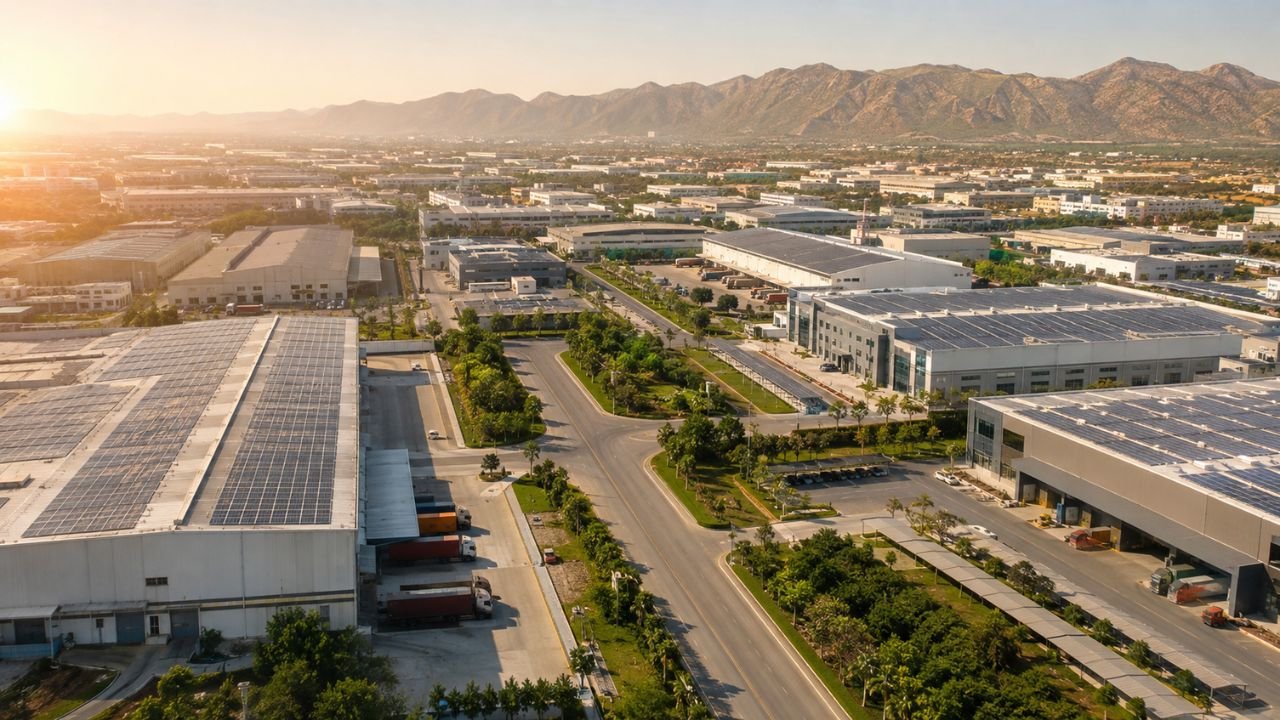 Aerial view of an industrial area in Jaipur with factories, warehouses, wide roads, and industrial buildings