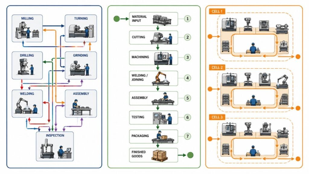 Factory layout design showing machining, production workflow, inspection, assembly, and manufacturing cells