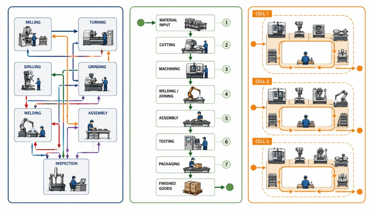 Factory layout design showing machining, production workflow, inspection, assembly, and manufacturing cells