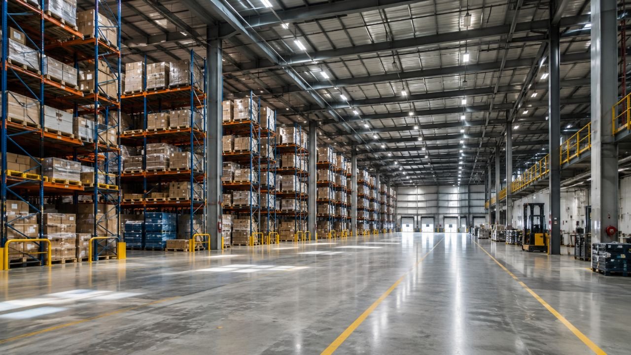 Modern warehouse interior with high storage racks, organized aisles, loading areas, forklifts, and industrial storage space